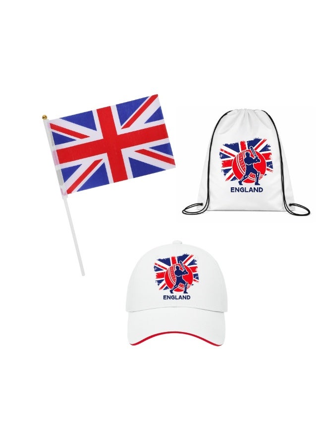 PRINTSHOP4ME England Sports Fans Set - Pack of 3 Combo - Cap, Drawstring Bag, and Hand Flag - Ideal for Matches, Events, and Everyday Use - Perfect for Sports Fans - Image 1